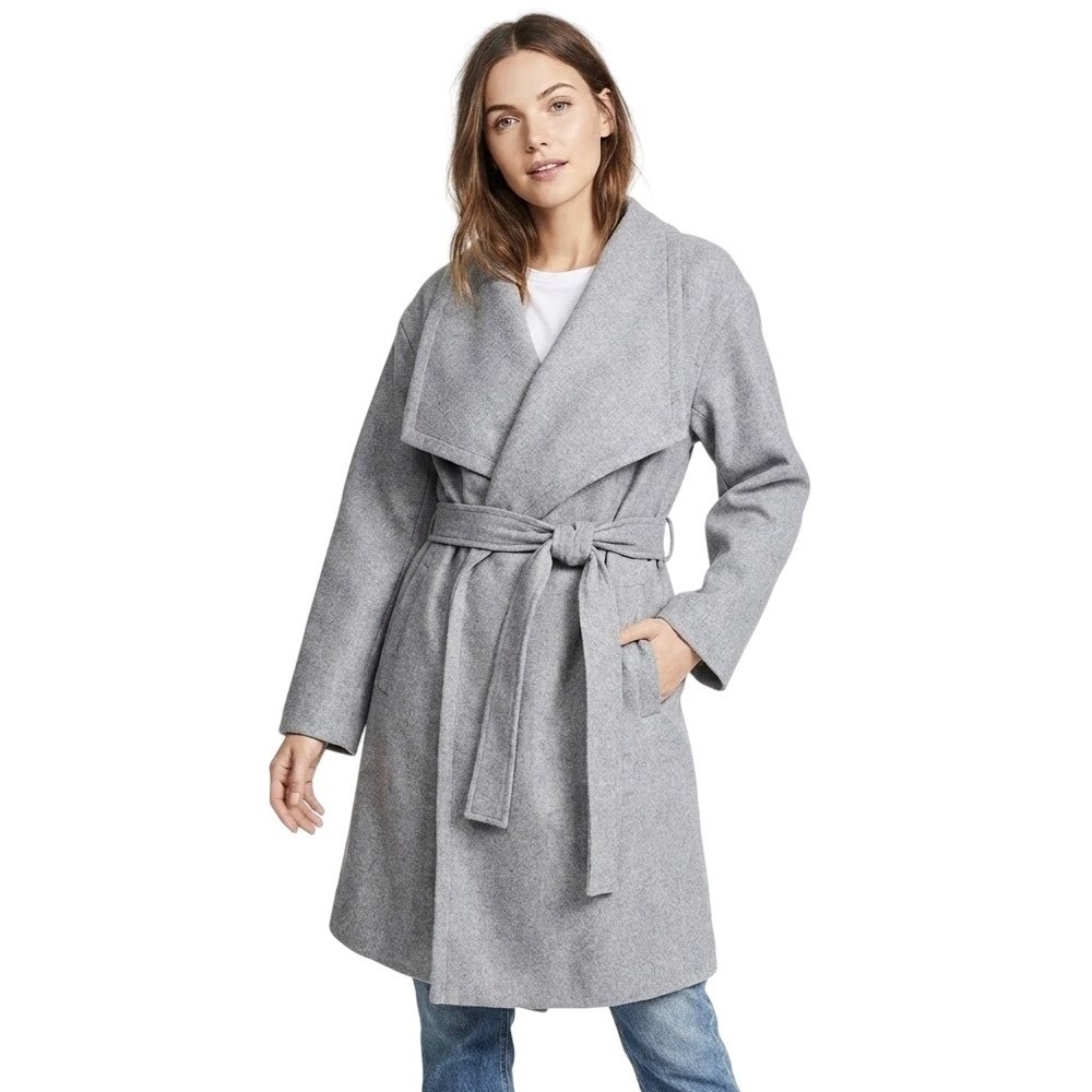 A New Day Wrap Coatigan XS Gray Herringbone Shawl Collar Belted Wide Lapel New